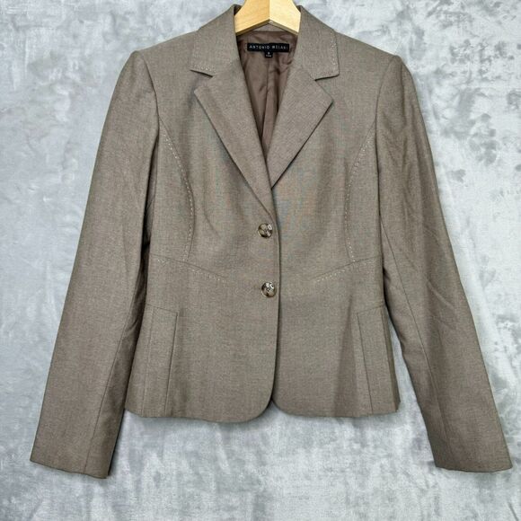 Antonio Melani Blazer Womens 2 Tan Twill Embroidered Stitch Pleated Front Career - Picture 2 of 11
